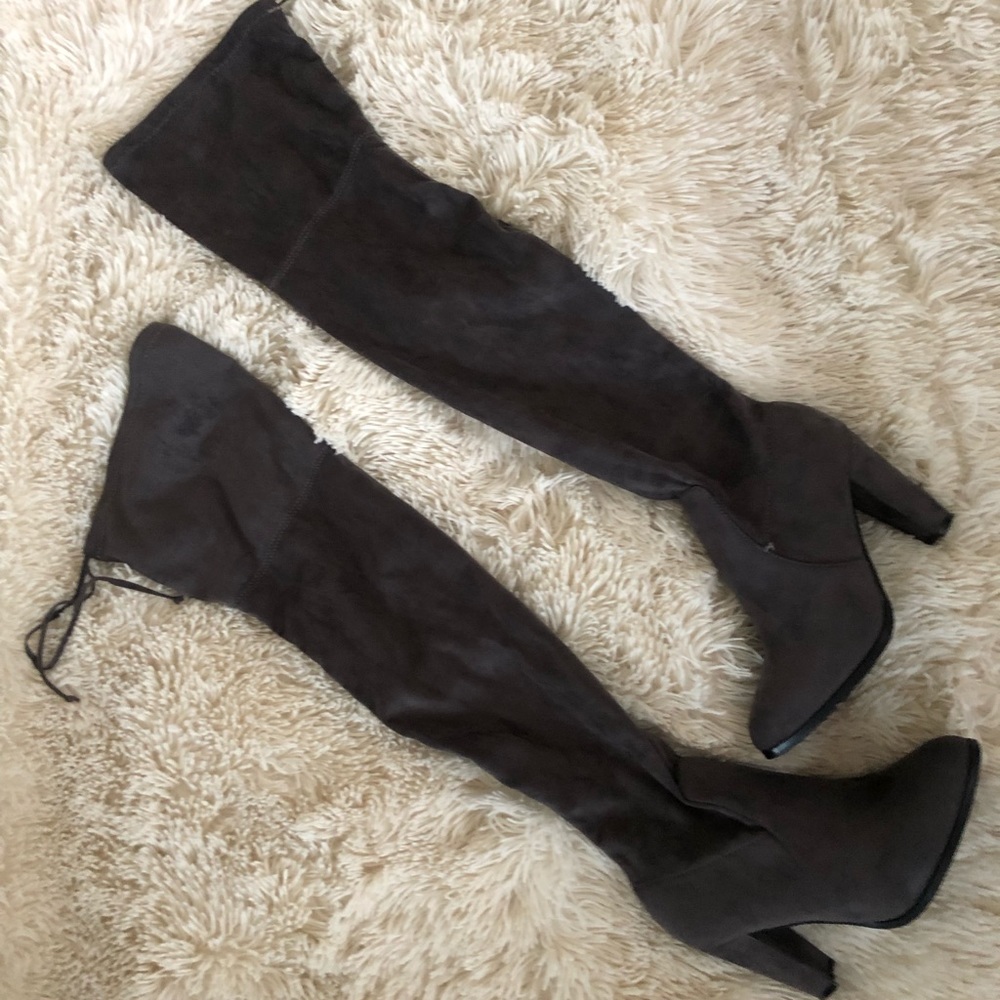 Gray suede thigh high boots